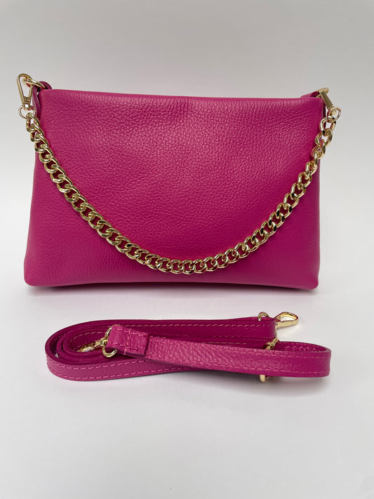 Leather bag with gold chain fuchsia