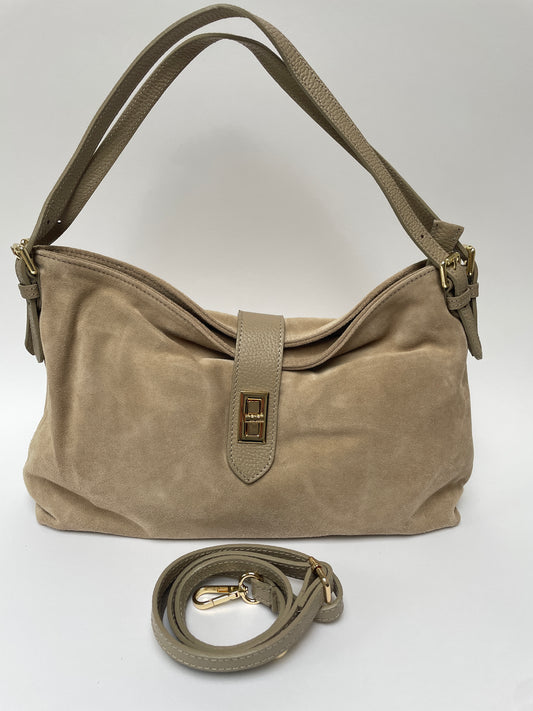 Beige suede bag with double shoulder strap
