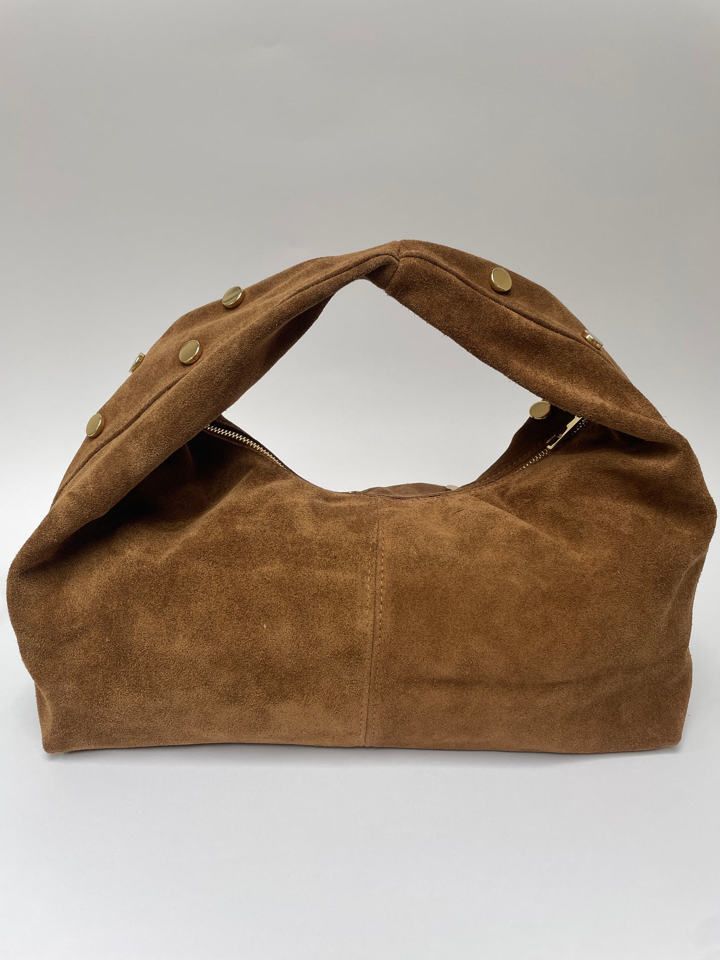 Suède tas met studs cognac
