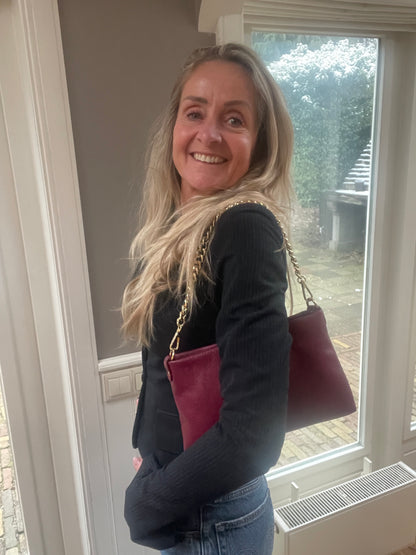 Leren tas met gouden ketting bordeaux