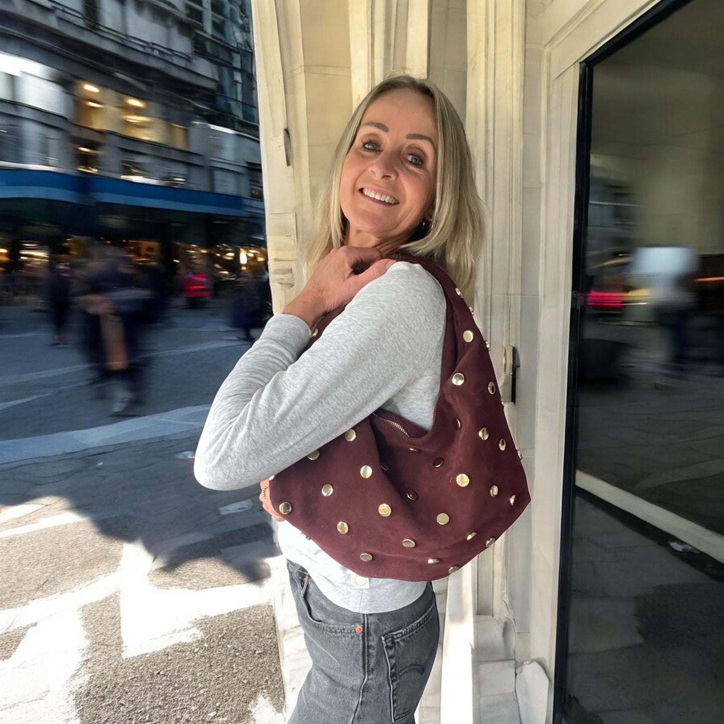 Suede bag with studs burgundy